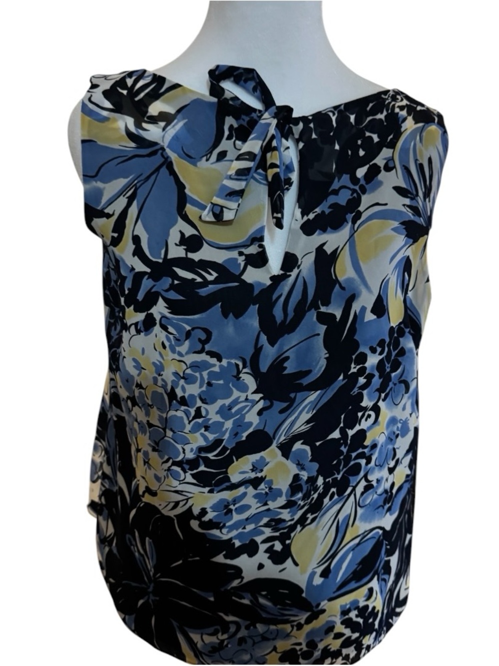 Kasper Navy, Blue & Yellow Floral Tie-Neck Shell Top - Picture 3 of 5